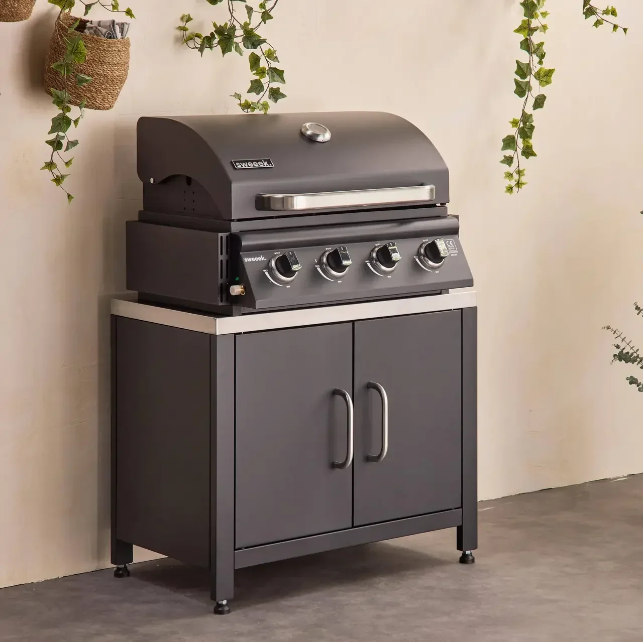 Outdoor kitchen stainless steel gas barbecue 4 burners Grimaud with side table