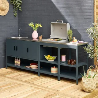Cuisine extérieure modulable 3 éléments avec BBQ charbon sur pieds et thermomètre intégré