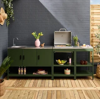 Cuisine extérieure modulable 3 éléments avec BBQ charbon, évier inox et étagères