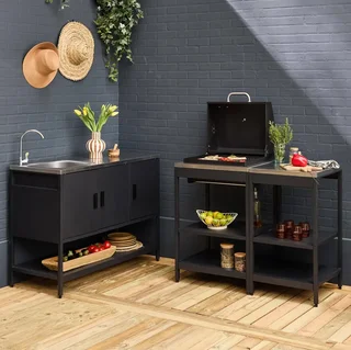 Cuisine extérieure modulable avec BBQ charbon, évier inox et étagères - 9 personnes