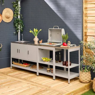 Cuisine extérieure modulable 3 éléments BBQ charbon avec évier inox et thermomètre intégré