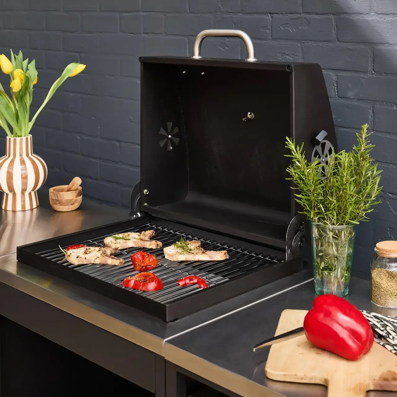 Cuisine extérieure modulable avec BBQ charbon, évier inox et étagères - 9 personnes