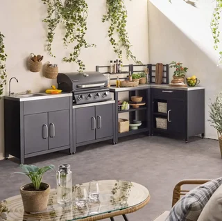 Cuisine extérieure modulable 5 éléments inox avec plancha gaz 4 feux Grimaud