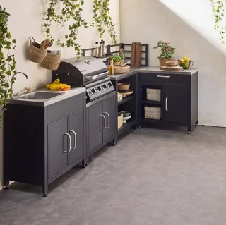 Cuisine extérieure modulable 5 éléments inox avec plancha gaz 4 feux Grimaud