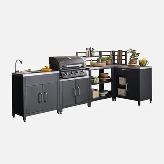 Cuisine extérieure modulable 5 éléments inox avec plancha gaz 4 feux Grimaud
