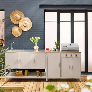 Cuisine extérieure modulable barbecue gaz 3 feux thermomètre évier inox