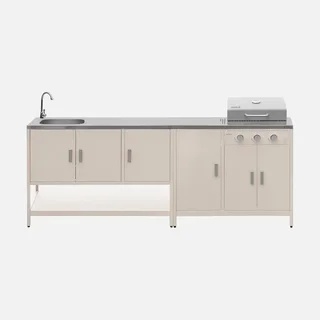 Cuisine extérieure modulable barbecue gaz 3 feux thermomètre évier inox