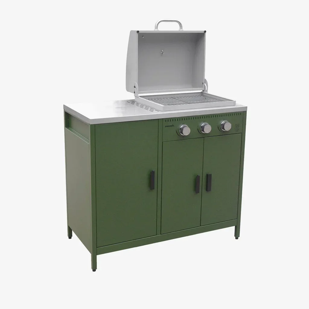 Cuisine d'extérieur modulable 2 éléments - Barbecue gaz 3 brûleurs avec thermomètre et évier