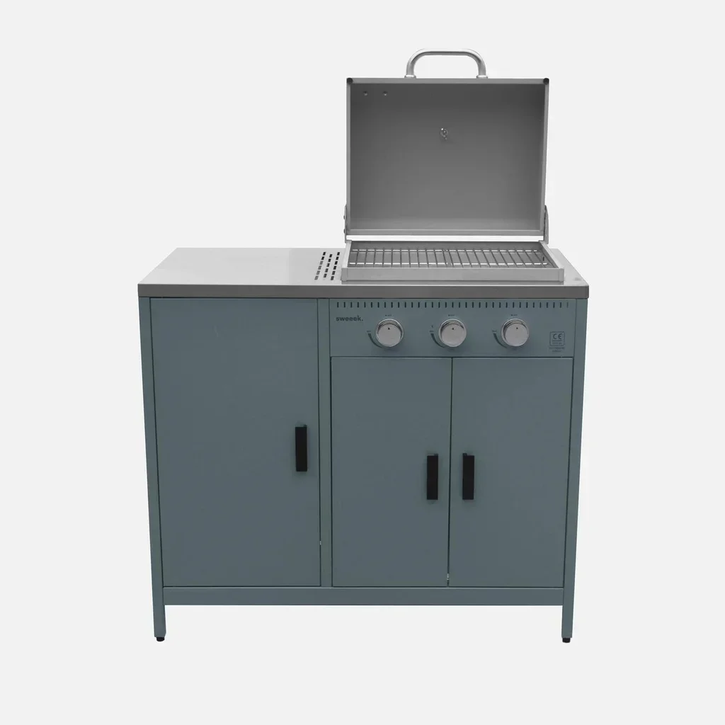 Cuisine d'extérieur modulable barbecue gaz 3 feux avec évier et thermomètre