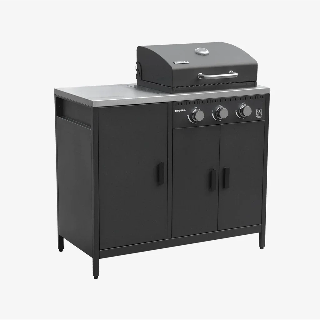 Cuisine extérieure modulable barbecue gaz 3 feux thermomètre évier inox