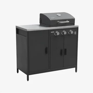 Cuisine extérieure modulable barbecue gaz 3 feux thermomètre évier inox
