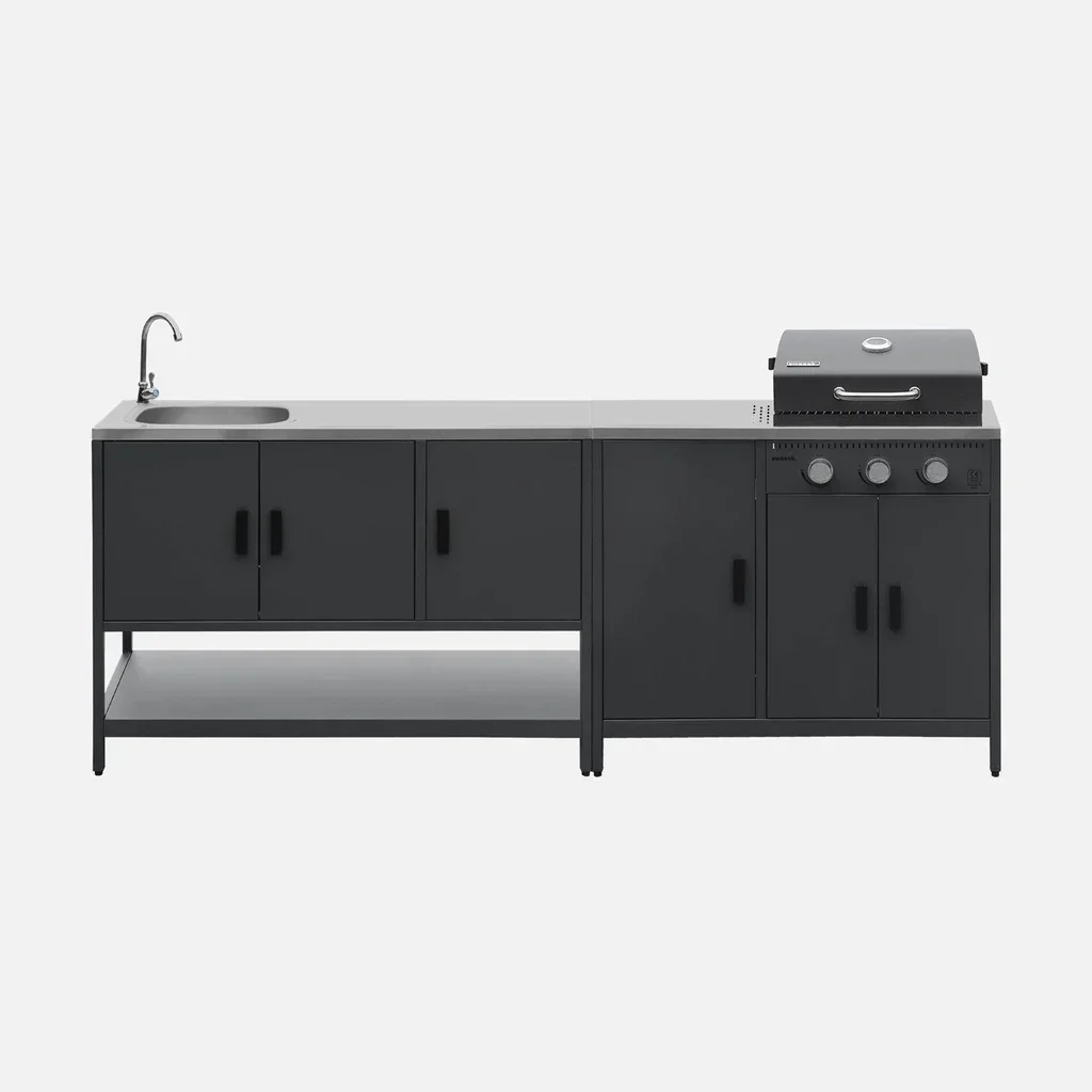 Cuisine extérieure modulable barbecue gaz 3 feux thermomètre évier inox