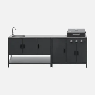 Cuisine extérieure modulable barbecue gaz 3 feux thermomètre évier inox