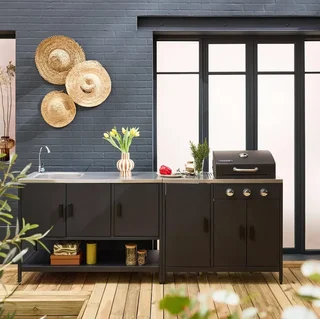 Cuisine extérieure modulable barbecue gaz 3 feux thermomètre évier inox