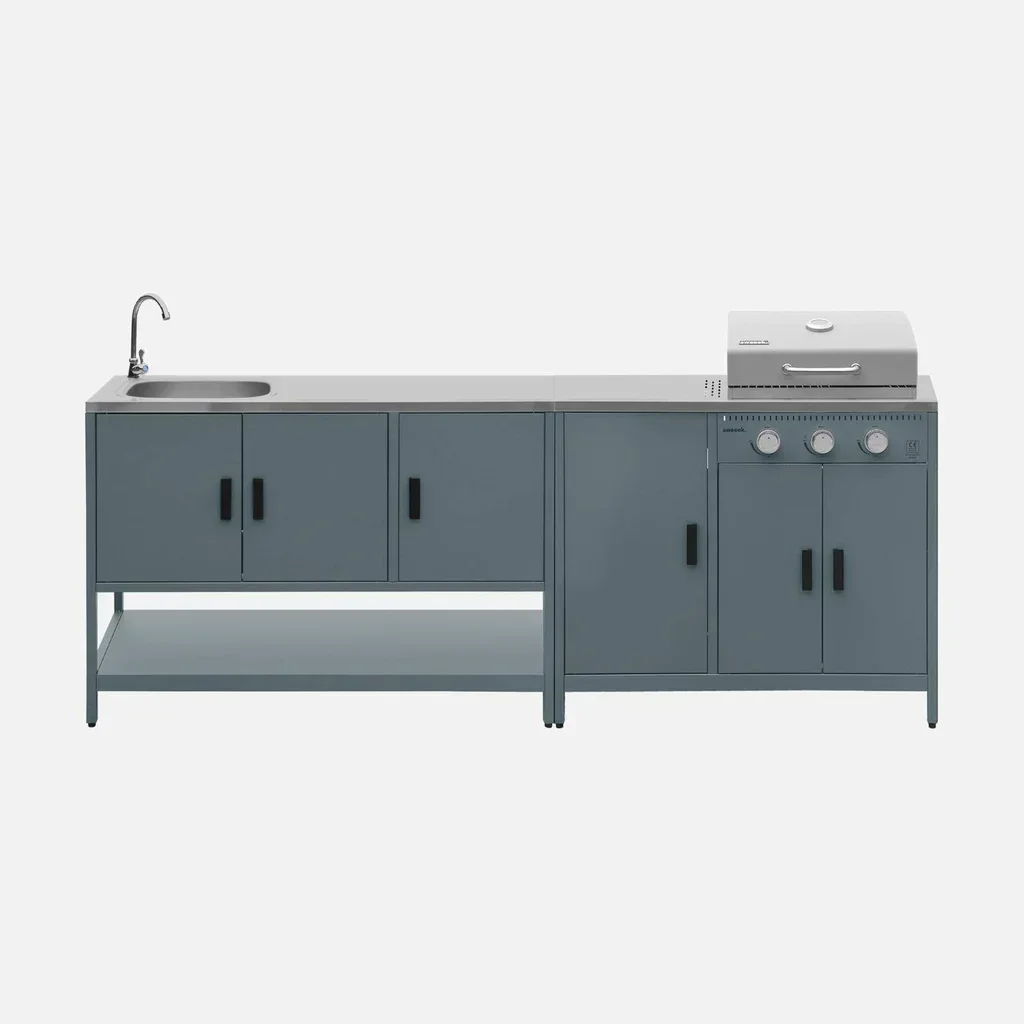 Cuisine d'extérieur modulable barbecue gaz 3 feux avec évier et thermomètre