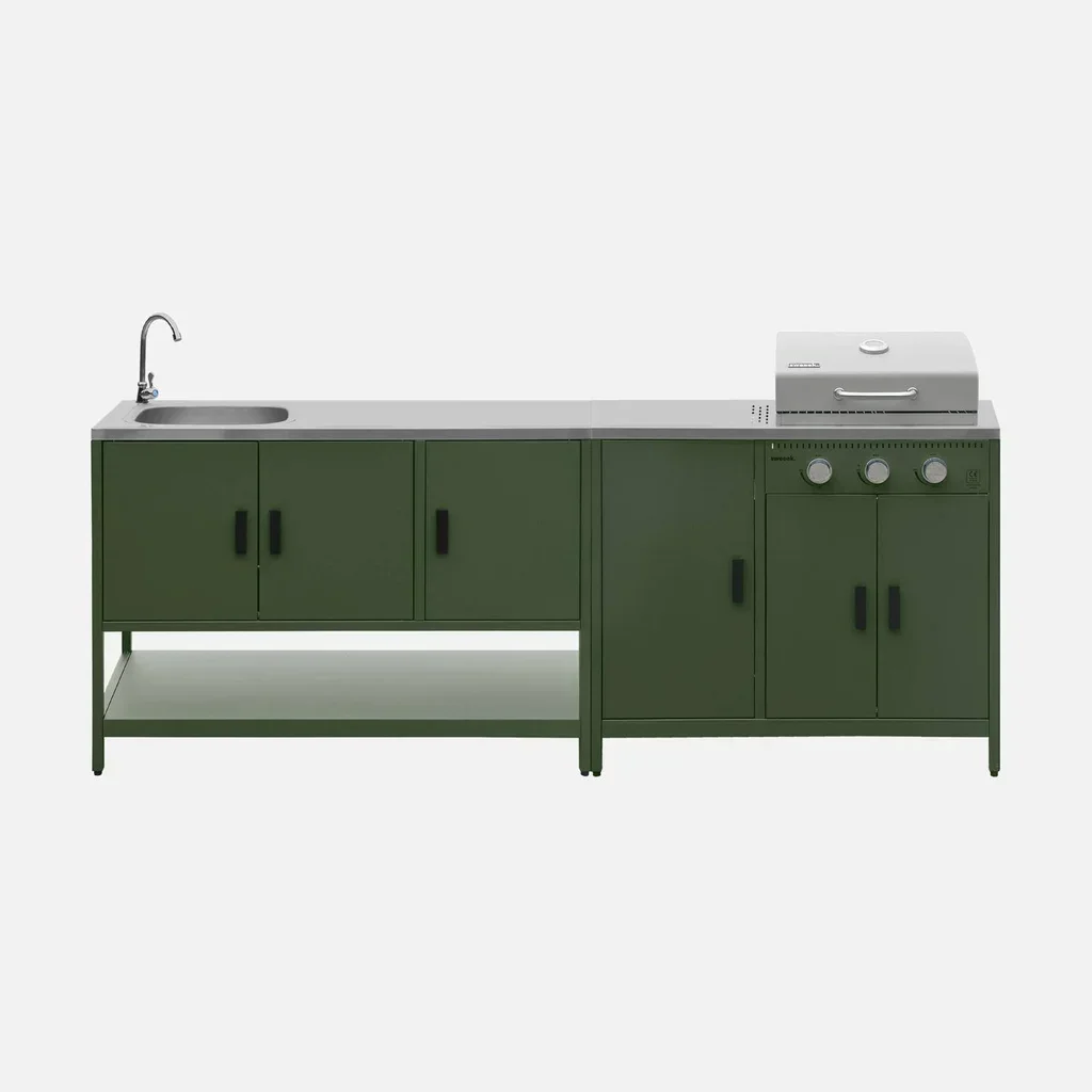 Cuisine d'extérieur modulable 2 éléments - Barbecue gaz 3 brûleurs avec thermomètre et évier
