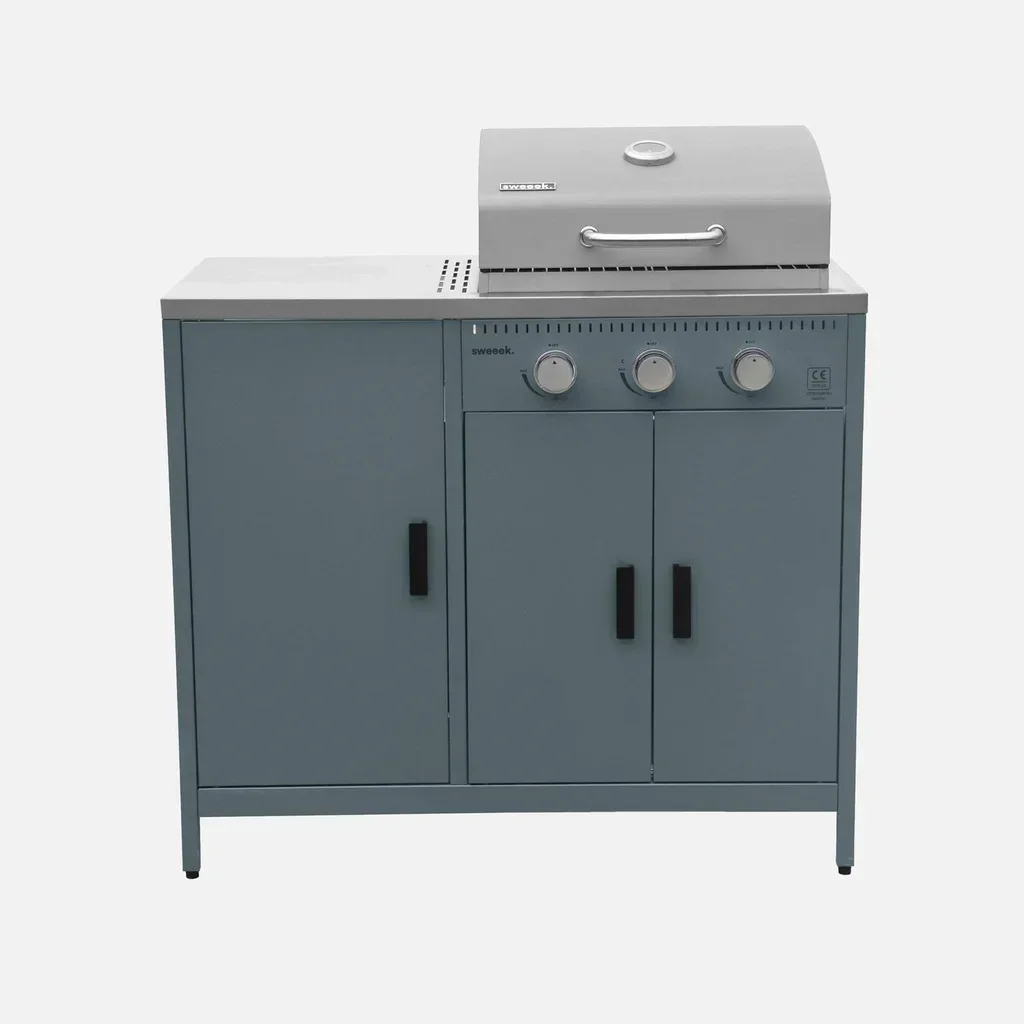Cuisine d'extérieur modulable barbecue gaz 3 feux avec évier et thermomètre