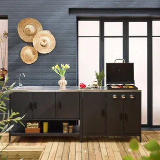 Cuisine extérieure modulable barbecue gaz 3 feux thermomètre évier inox