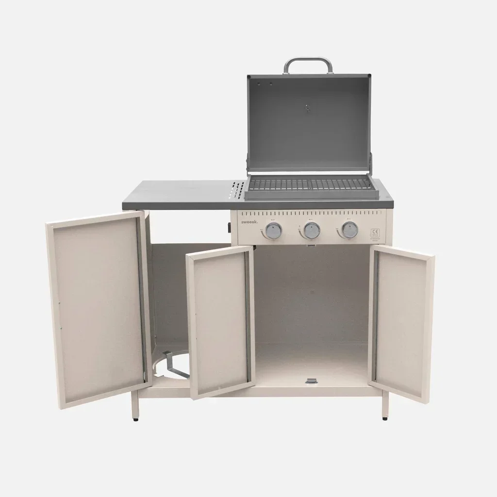 Cuisine extérieure modulable barbecue gaz 3 feux thermomètre évier inox