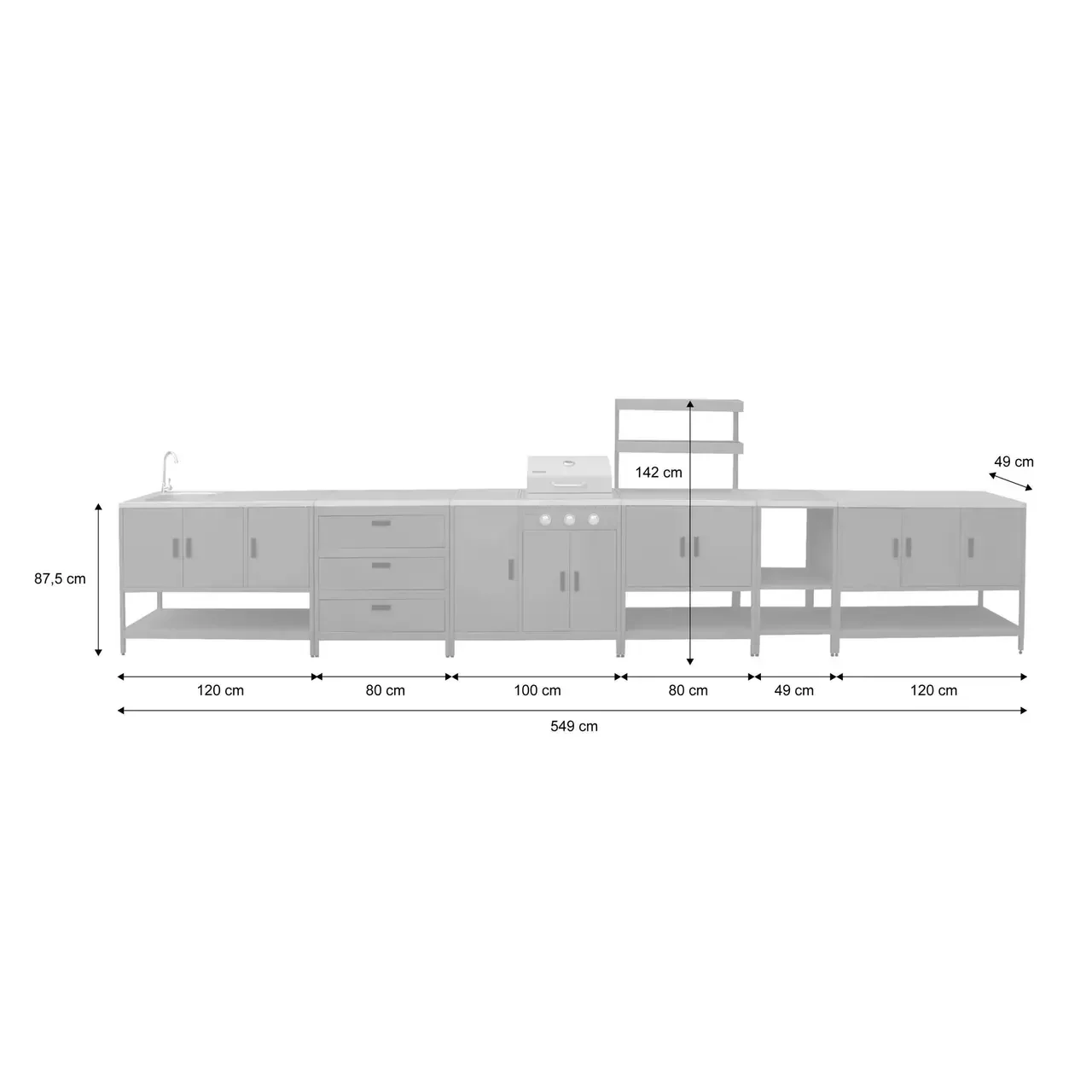 Outdoor Modular Kitchen Naxos Gas Barbecue 3 Burners Thermometer 5 Modules Stainless Steel