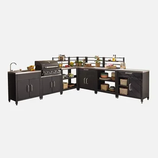 Cuisine extérieure modulaire 7 éléments avec barbecue gaz 4 brûleurs et thermomètre
