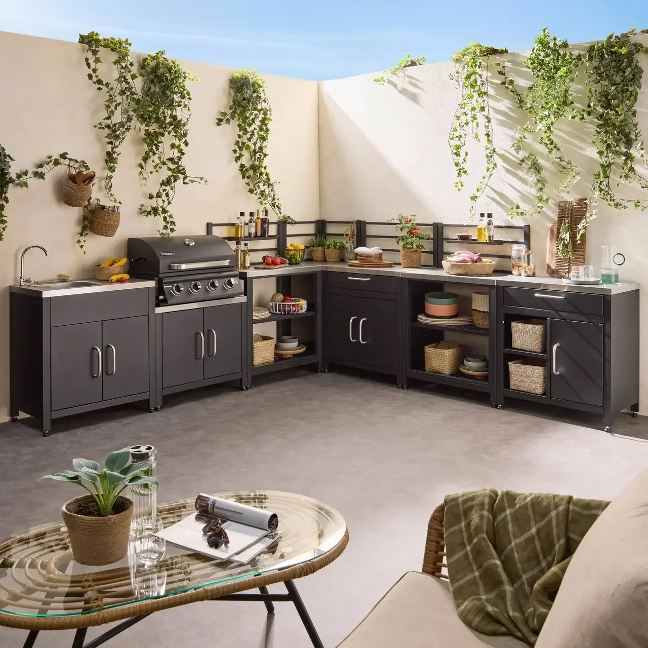 Cuisine extérieure modulaire 7 éléments avec barbecue gaz 4 brûleurs et thermomètre