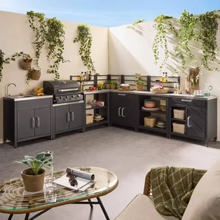 Cuisine extérieure modulaire 7 éléments avec barbecue gaz 4 brûleurs et thermomètre