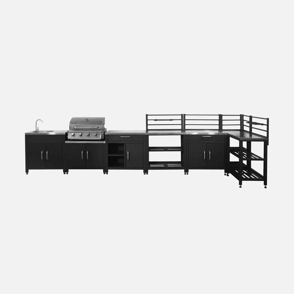 Cuisine extérieure modulaire 7 éléments avec barbecue gaz 4 brûleurs et thermomètre