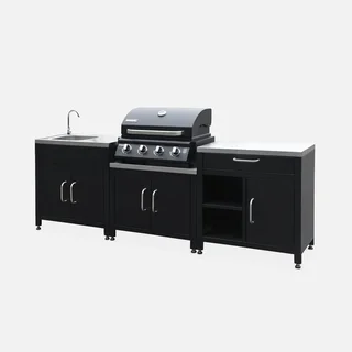 Cuisine extérieure modulaire 7 éléments avec barbecue gaz 4 brûleurs et thermomètre