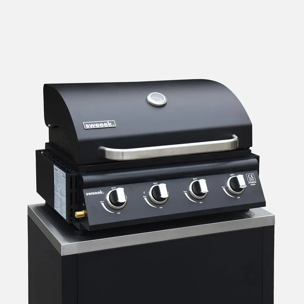 Cuisine extérieure modulaire 7 éléments avec barbecue gaz 4 brûleurs et thermomètre