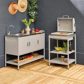 Cuisine extérieure modulaire barbecue charbon avec évier inox et double étagère