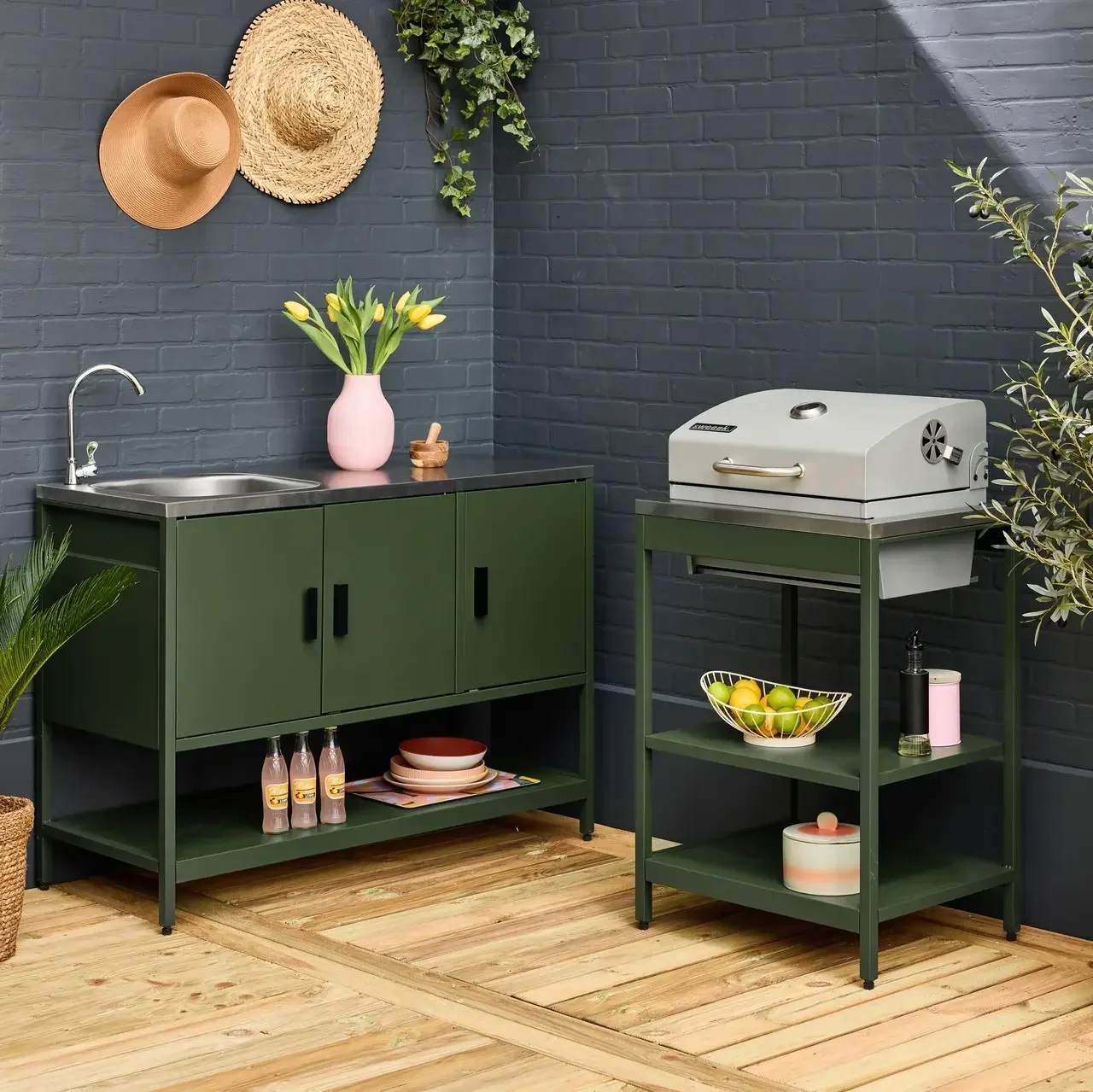 Barbecue charbon sur pied avec thermomètre et double étagère - Cuisine extérieure modulaire