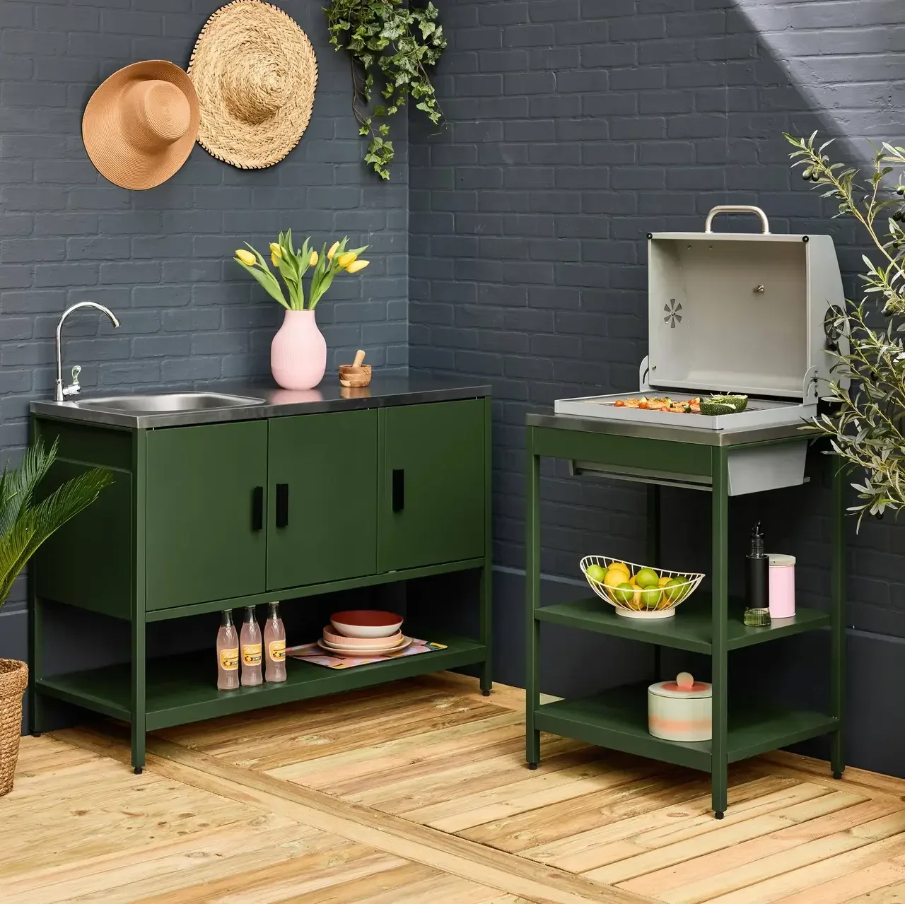 Barbecue charbon sur pied avec thermomètre et double étagère - Cuisine extérieure modulaire