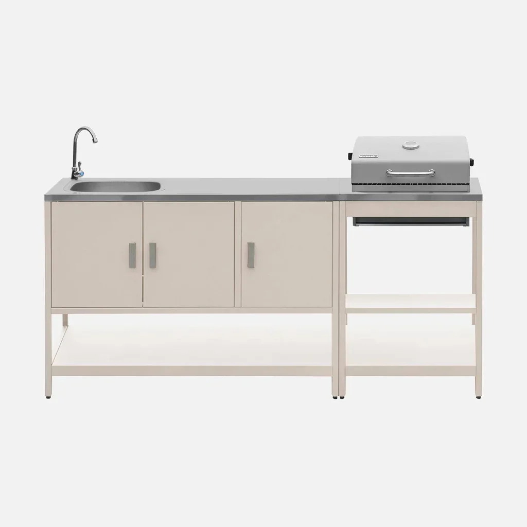 Cuisine extérieure modulaire barbecue charbon avec évier inox et double étagère