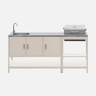 Cuisine extérieure modulaire barbecue charbon avec évier inox et double étagère