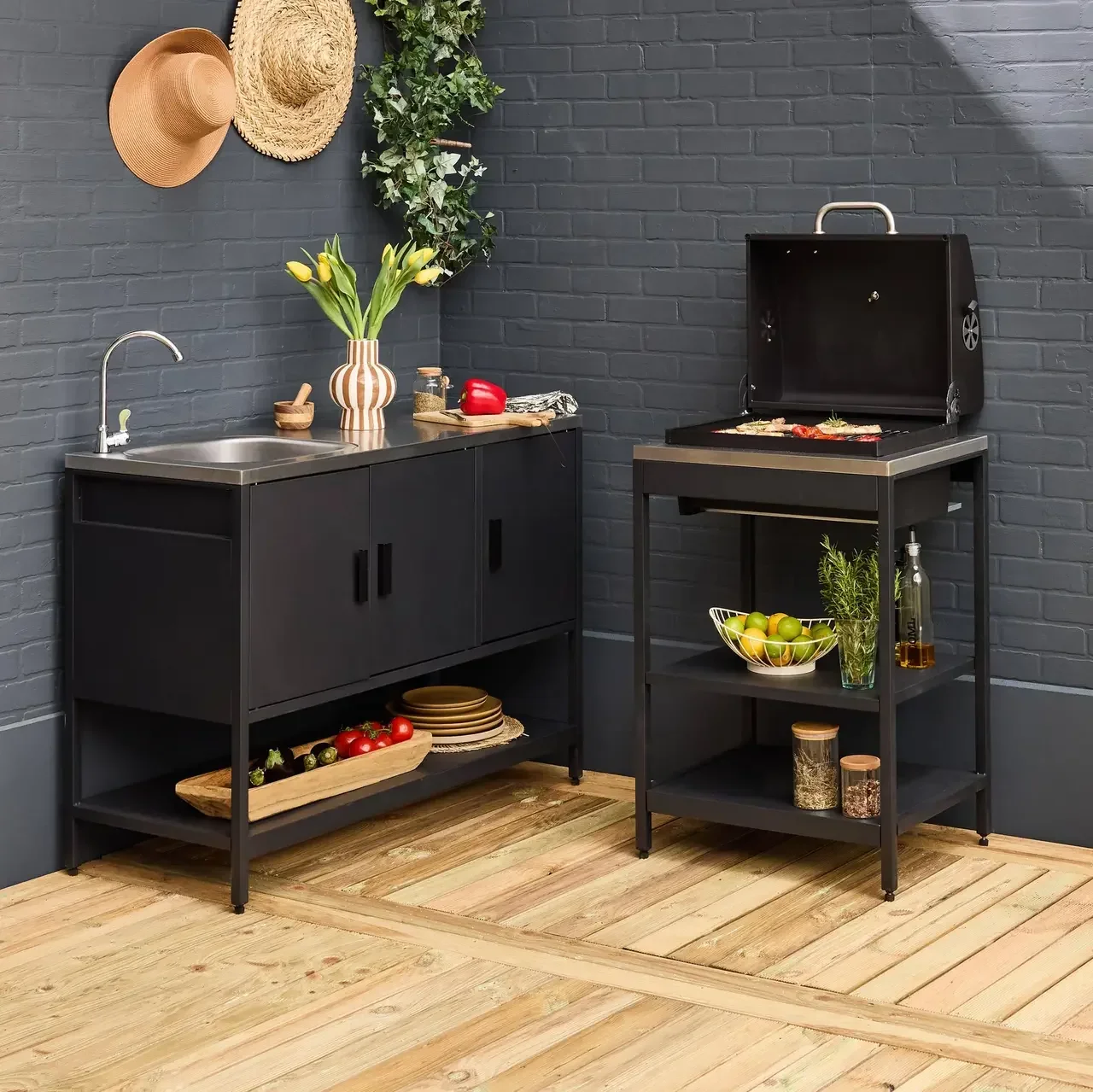 Cuisine extérieure modulaire barbecue charbon avec évier et rangements