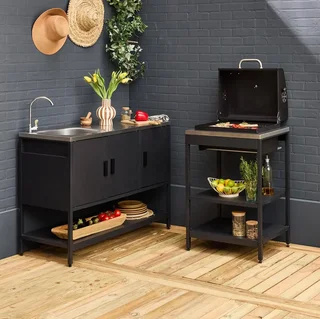 Cuisine extérieure modulaire barbecue charbon avec évier et rangements