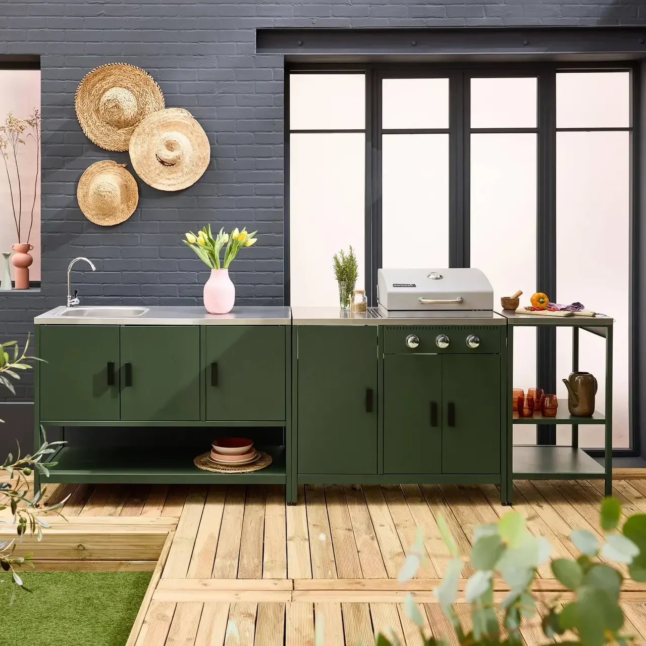 Modular outdoor kitchen 3-piece gas barbecue 3-burner integrated thermometer Naxos