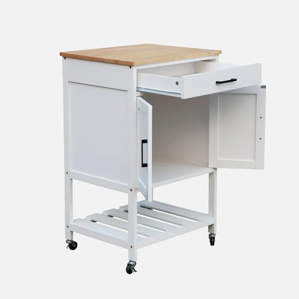 Carrello cucina legno massello hevea 56 cm piano nero con ripiano e ruote