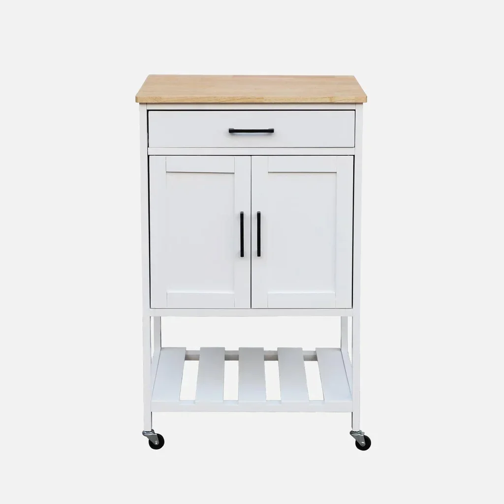 Carrello cucina legno massello hevea 56 cm piano nero con ripiano e ruote
