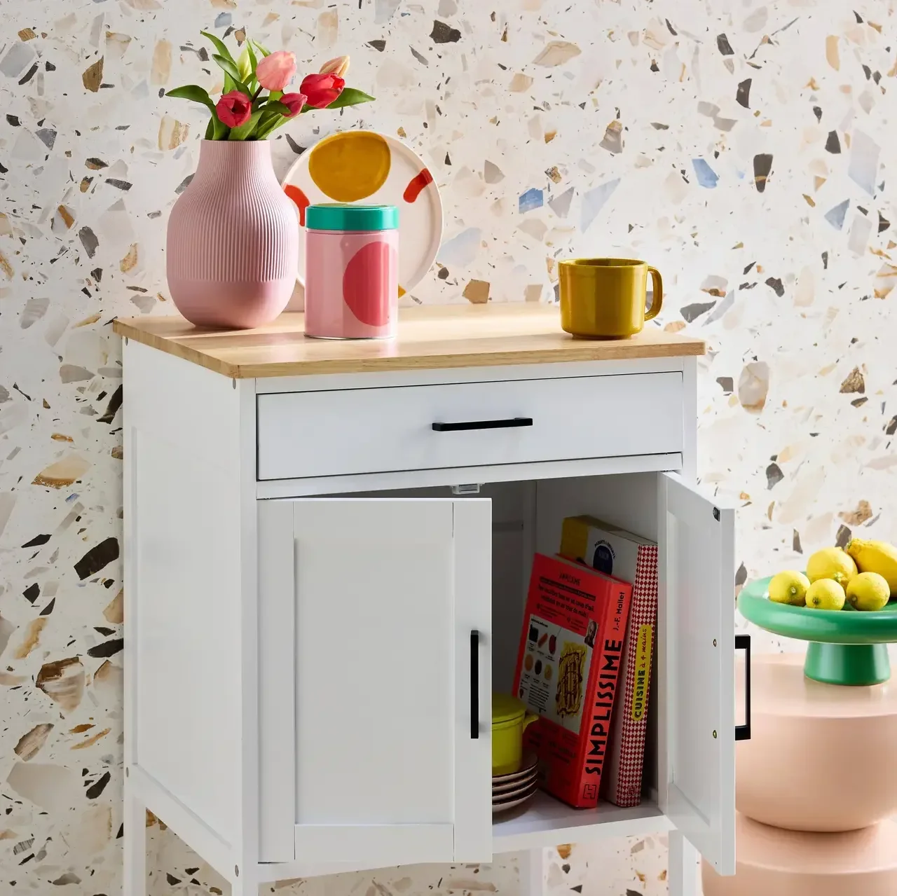 Carrello cucina legno massello hevea 56 cm piano nero con ripiano e ruote
