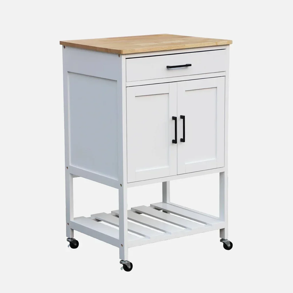 Carrello cucina legno massello hevea 56 cm piano nero con ripiano e ruote