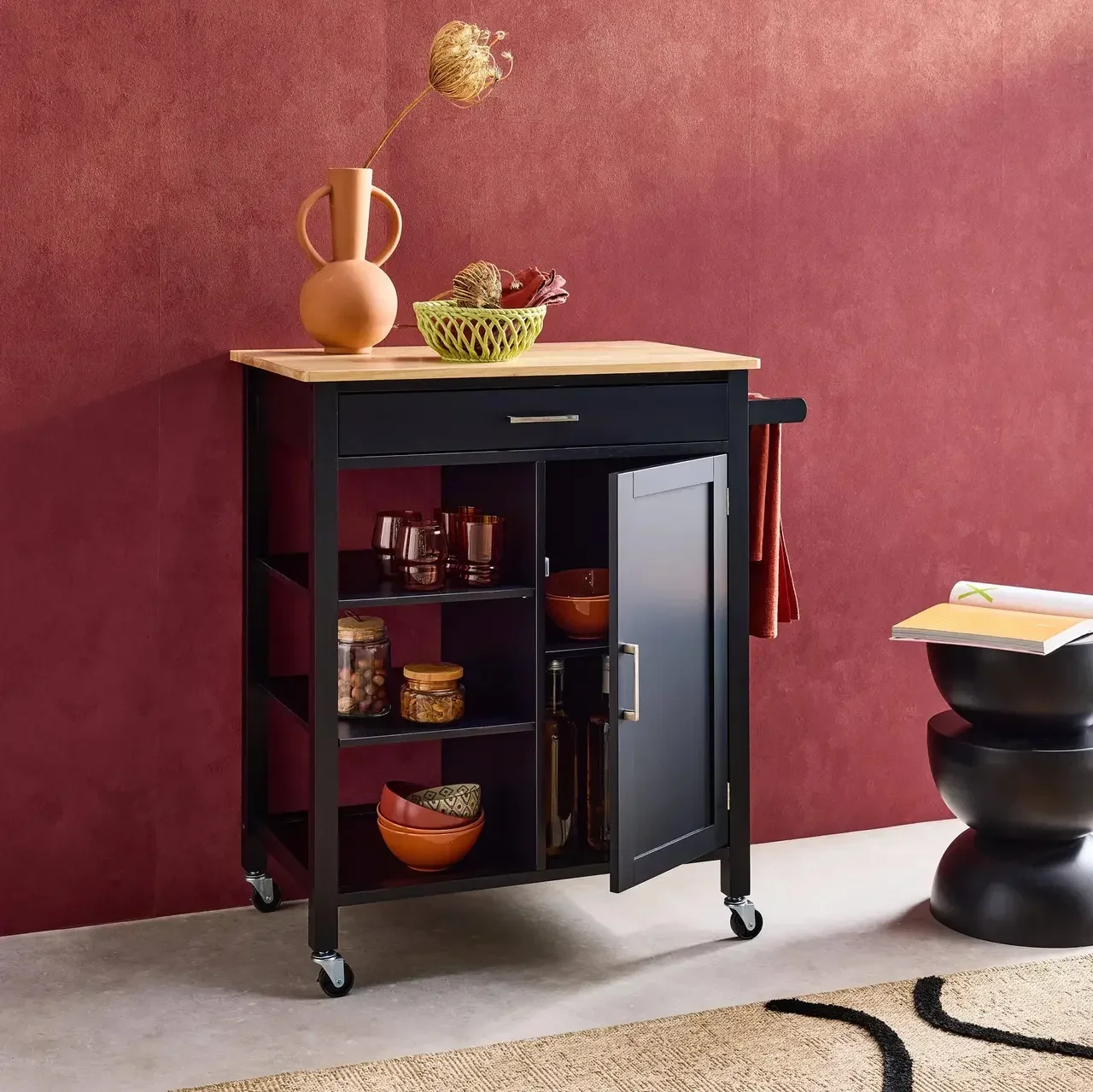 Desserte cuisine plateau hévéa poignée intégrée L83 cm Bendor noire