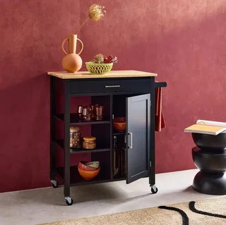 Carrello cucina vassoio legno hevea con maniglia integrata L83 cm Bendor nero