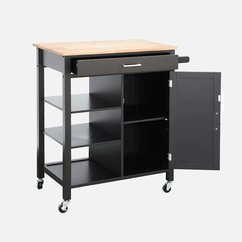 Carrello cucina vassoio legno hevea con maniglia integrata L83 cm Bendor nero