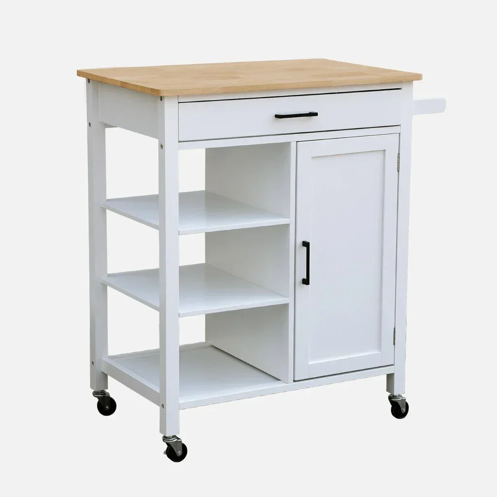Carrello cucina nero piano legno massello hevea maniglia integrata ruote