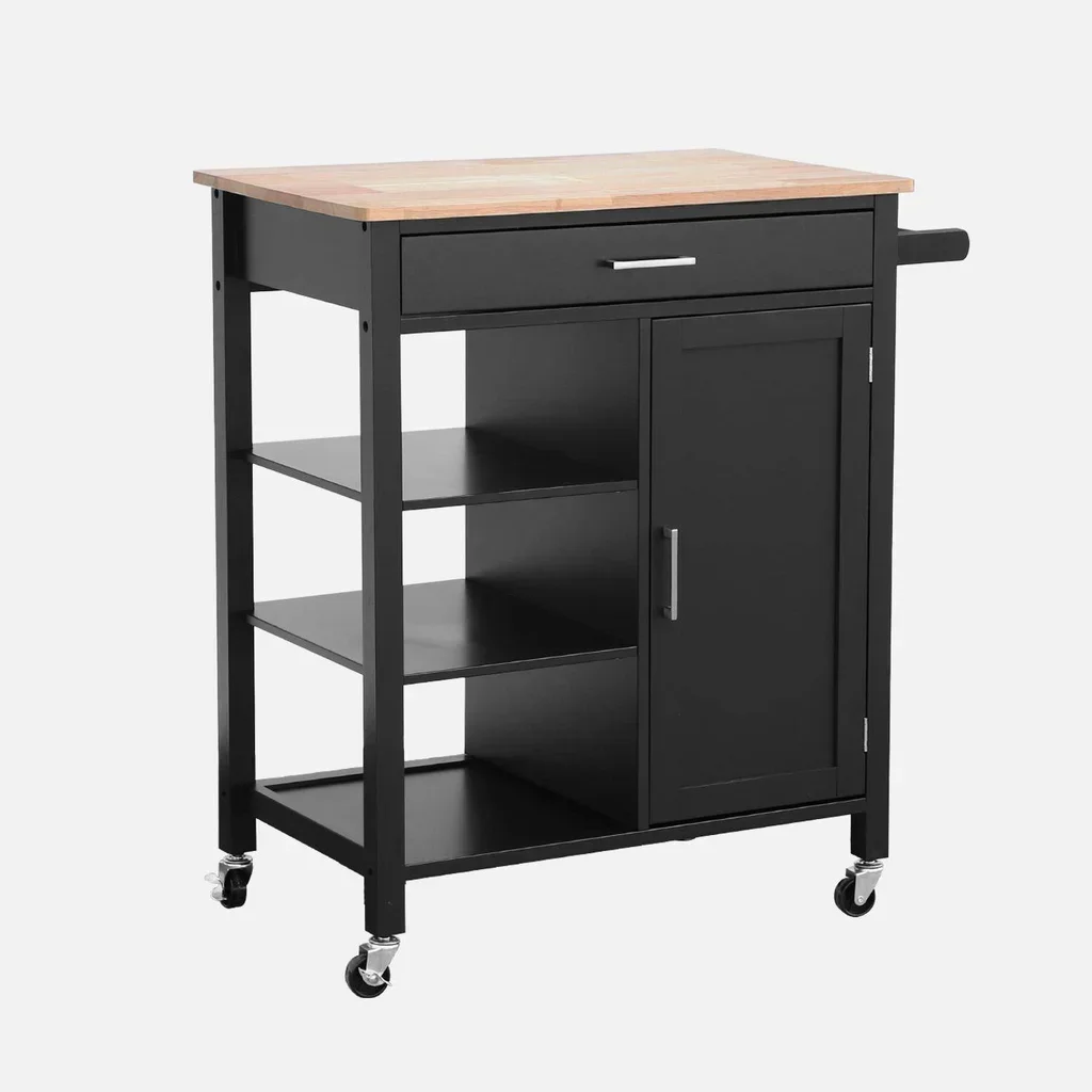 Carrello cucina vassoio legno hevea con maniglia integrata L83 cm Bendor nero