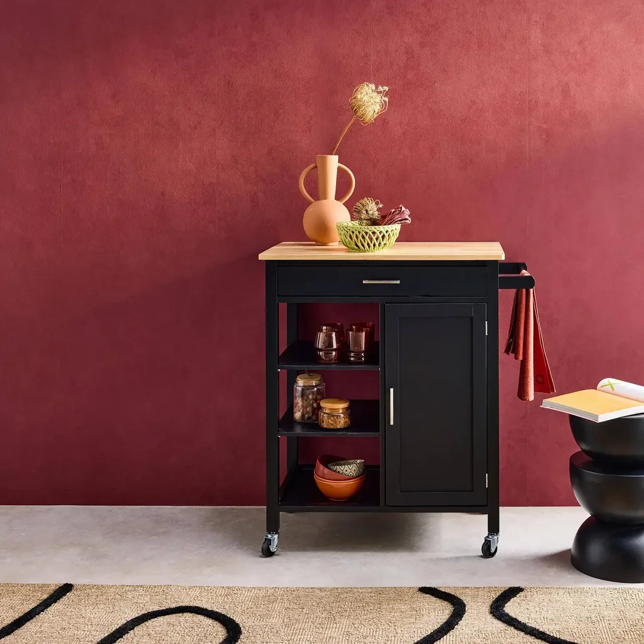 Desserte cuisine plateau hévéa poignée intégrée L83 cm Bendor noire