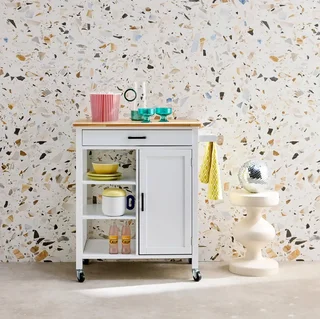 Carrello cucina nero piano legno massello hevea maniglia integrata ruote