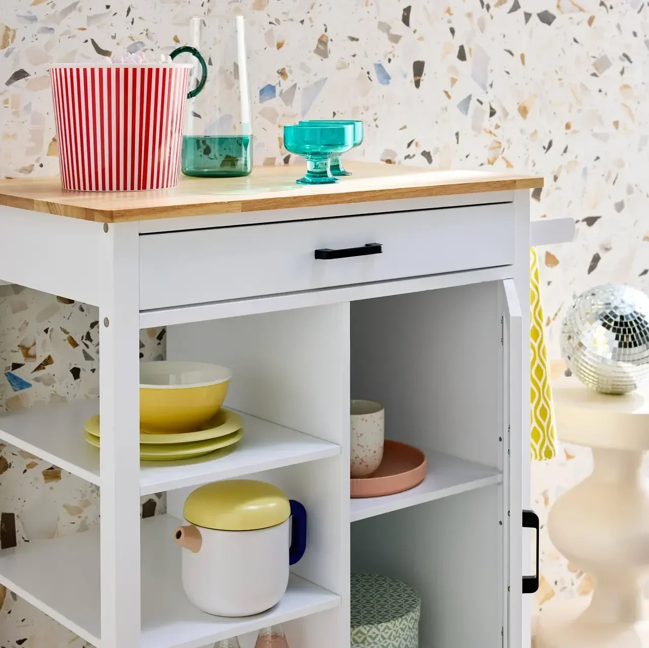 Carrello cucina nero piano legno massello hevea maniglia integrata ruote